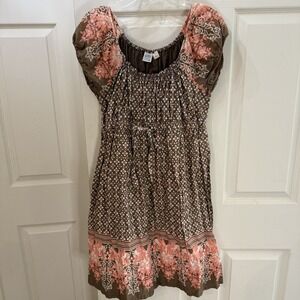 Baby Doll Dress Women's L Floral Puff Sleeve Boho Y2K Short Pink/Brown